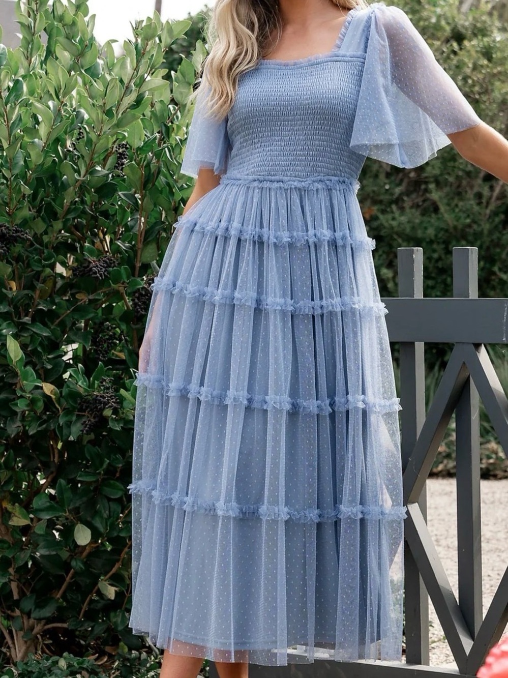 Baltic Born Light Blue Dot Tulle Midi Dress